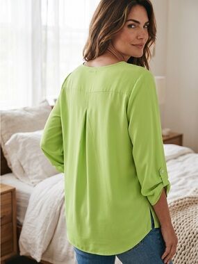 La Mienne Lime Green Roll-Tab Sleeve Blouse